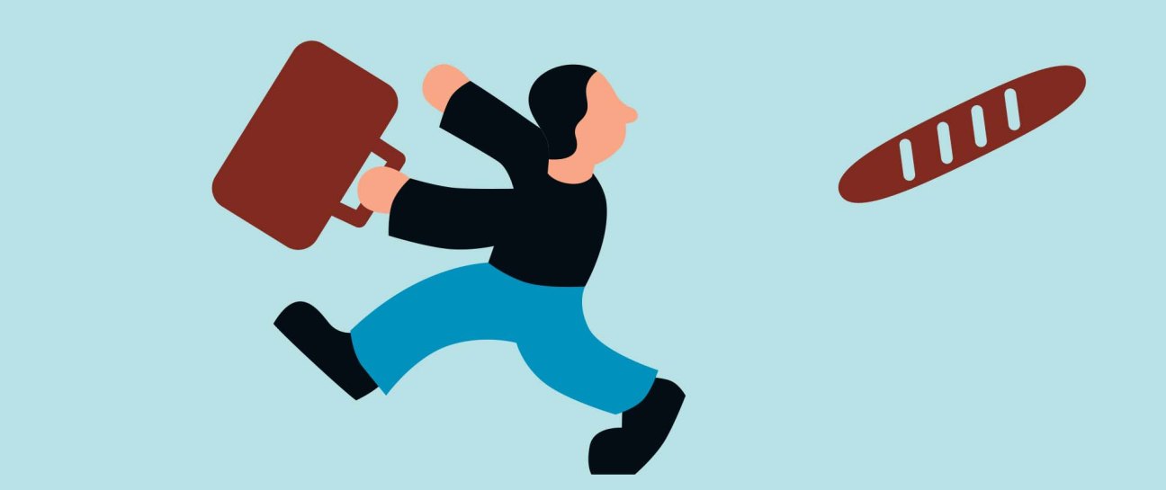 Illustration of a person carrying luggage and running toward an airplane.