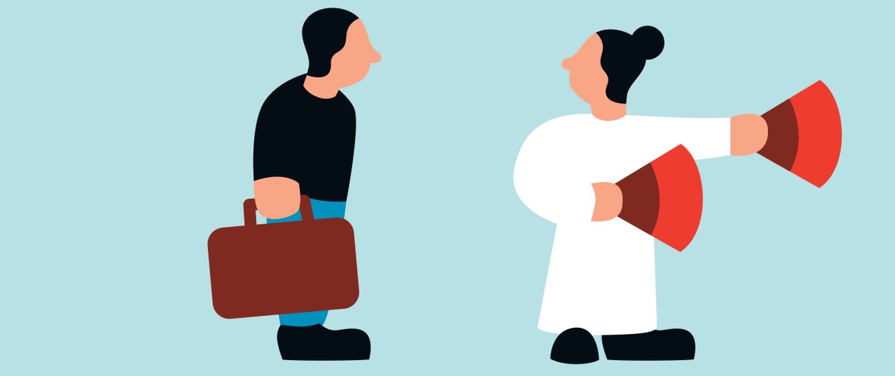 Illustration of a woman with megaphones welcoming a man with a suitcase