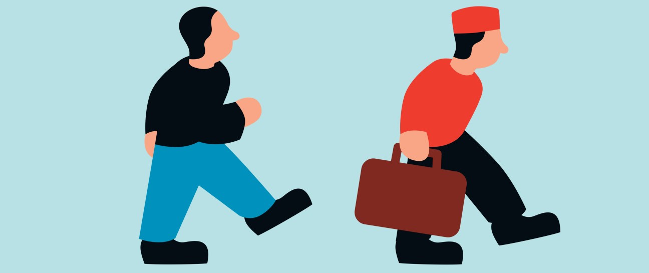 Illustration of two figures running, one in black shirt and blue pants, one in red shirt with red cap carrying a briefcase.