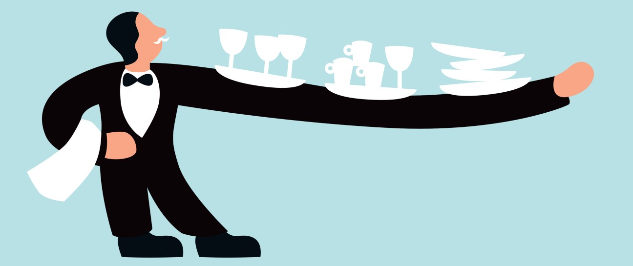 Illustration of a waiter in formal attire with an extended arm balancing glasses and plates against a light blue background.