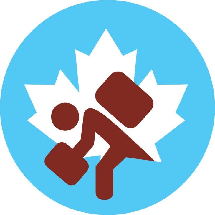 Illustration of a stylized figure carrying luggage in front of a Canadian maple leaf symbol.