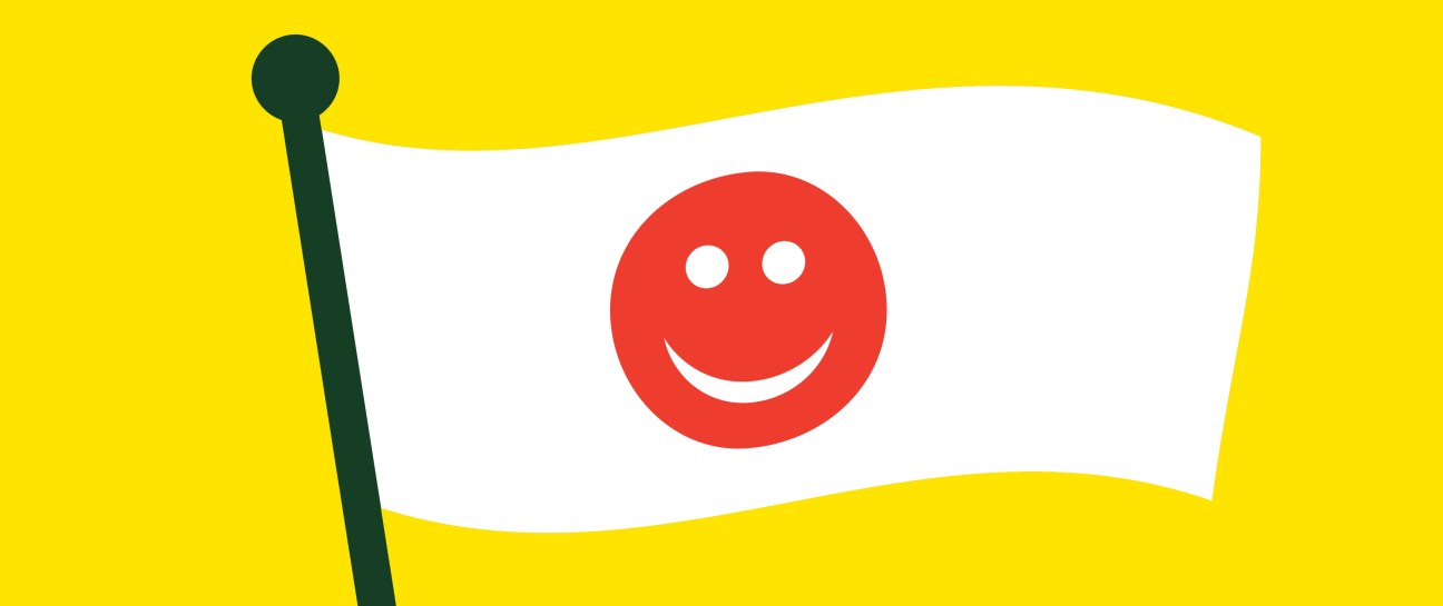 Illustration of a white flag with a red smiling face on a yellow background.