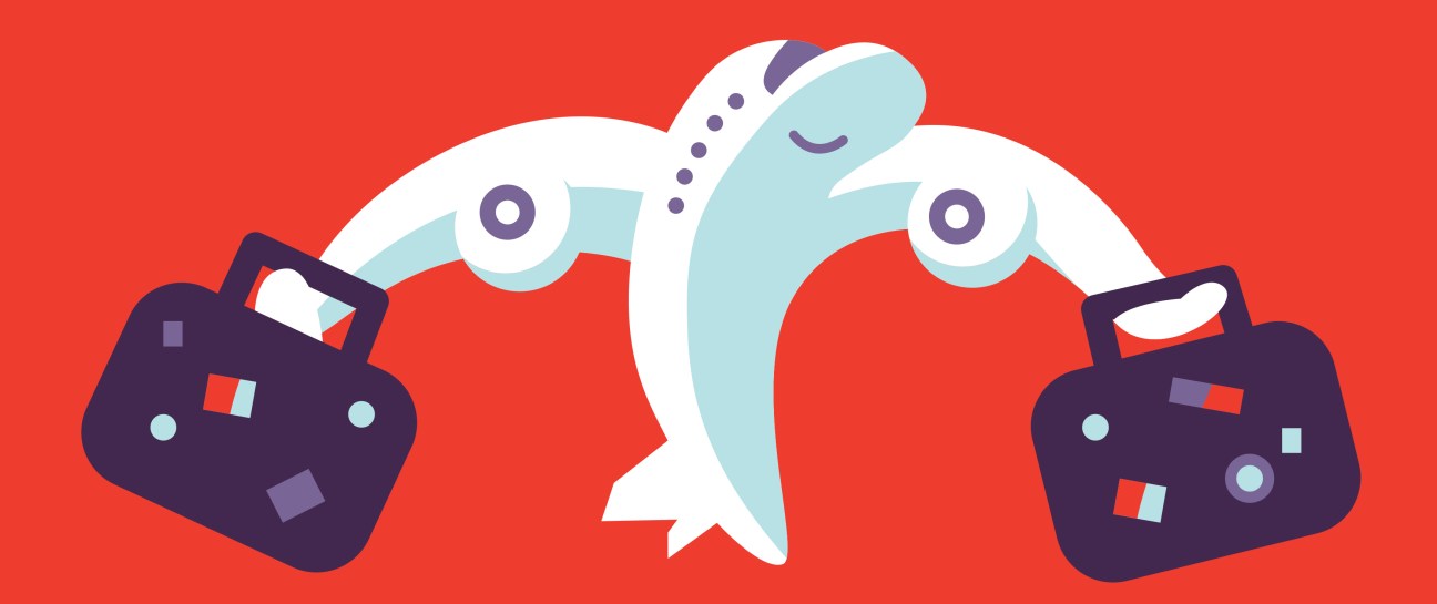 Illustration of a smiling airplane with two purple suitcases on a red background.