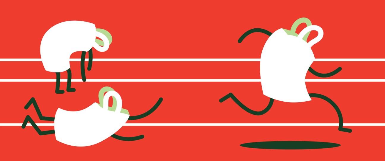 Illustration of stylized figures with speech bubble heads in white and green on red striped background.