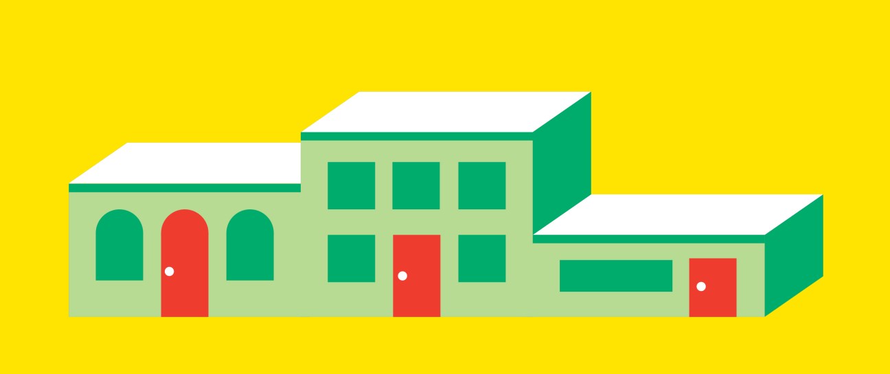 Illustration of a row of connected buildings with green facades, red doors, and a yellow background.