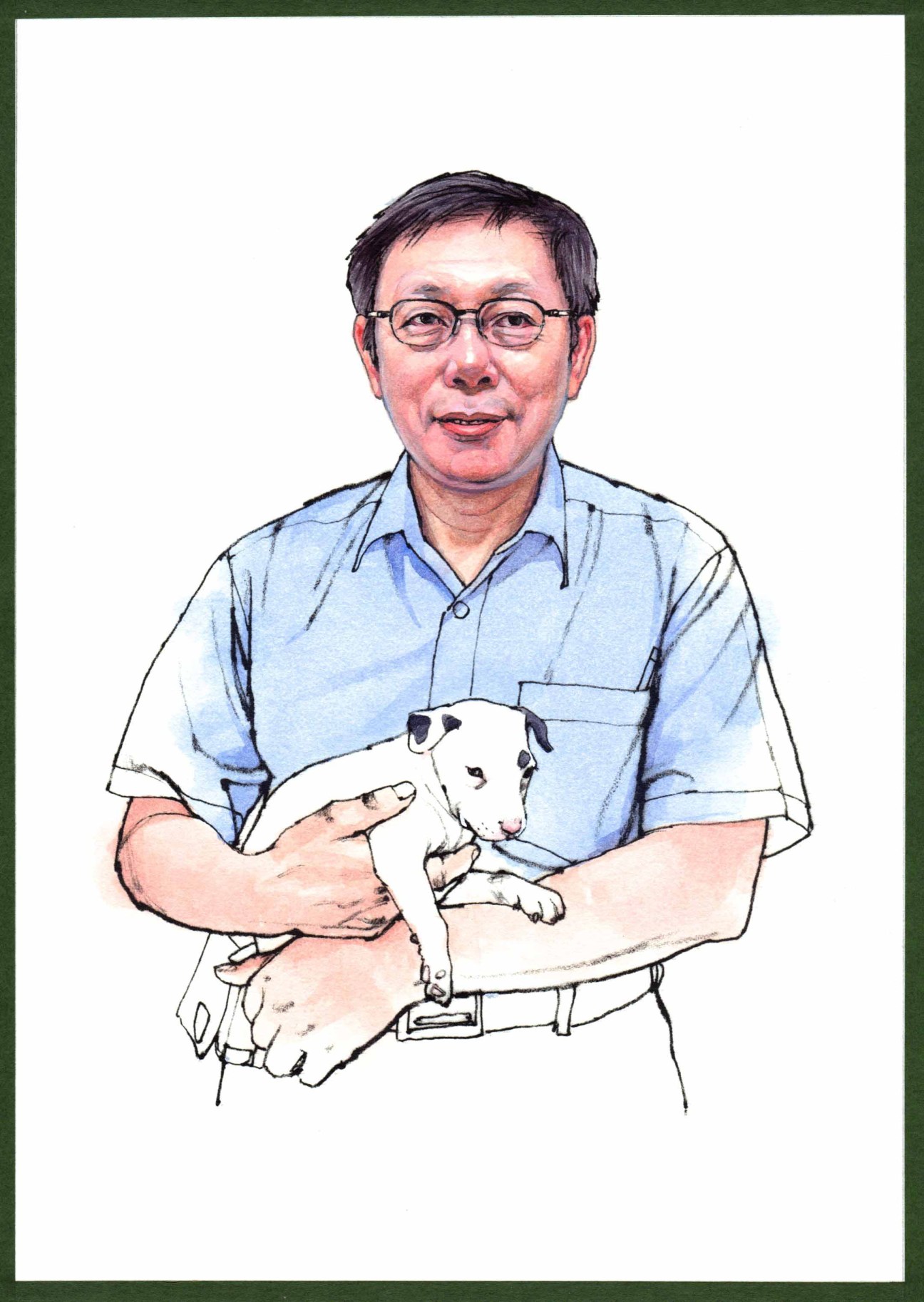Man in blue shirt holding white dog with black markings, wearing glasses
