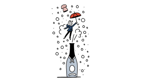 Illustration of a businessman popping out of a champagne bottle with an umbrella.