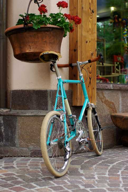 Turquoise mini-velo bicycle with small wheels parked against wooden wall beneath hanging terracotta planter with red flowers.
