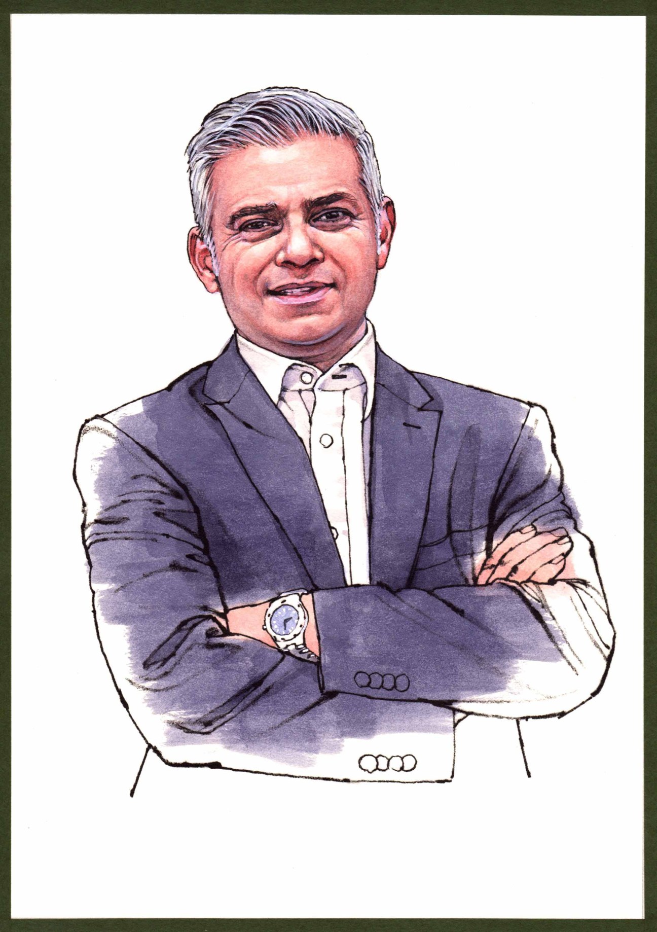 Illustration of Sadiq Khan, London's mayor, in a purple suit with crossed arms and a watch.