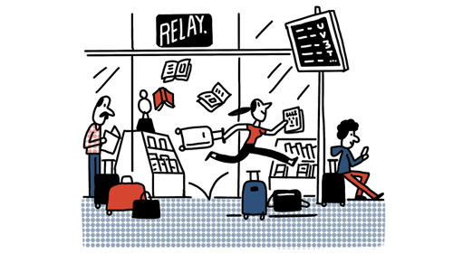 Illustration of a busy airport or train station Relay kiosk with travelers and magazines.