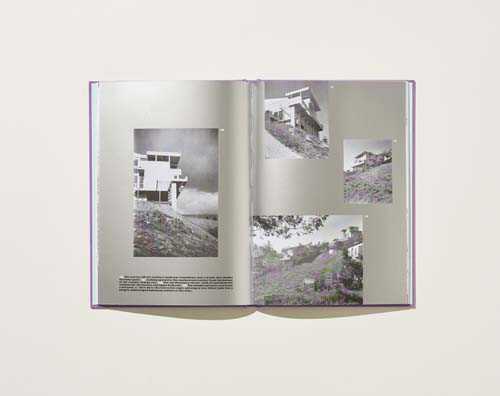 Open book showing architectural photography of The Walker House by RM Schindler with lilac binding.
