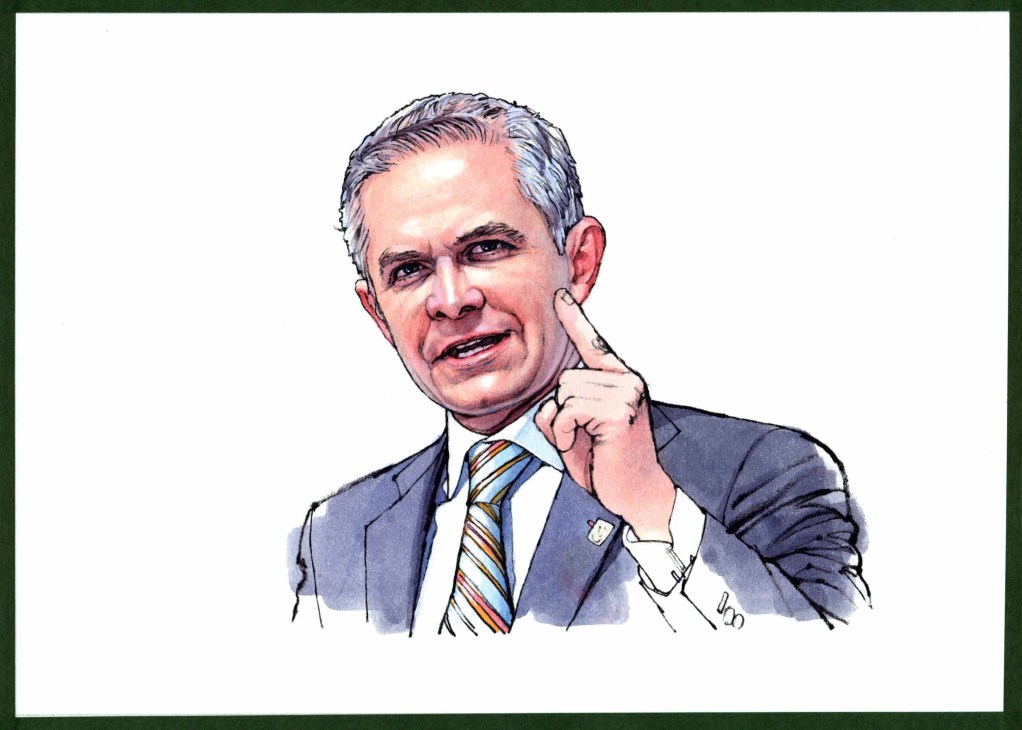 Illustration of a man in a blue suit and striped tie with grey hair, gesturing while speaking.
