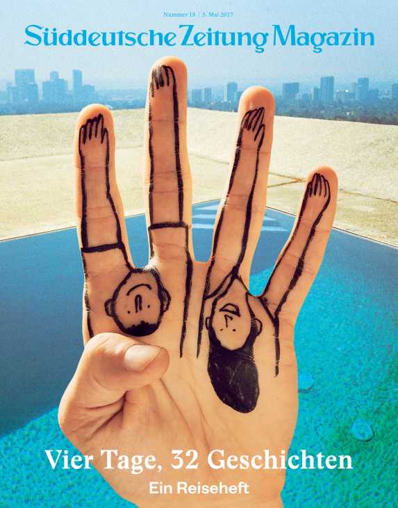 Süddeutsche Zeitung Magazin cover featuring a hand with drawn faces on fingers against a cityscape and pool background.