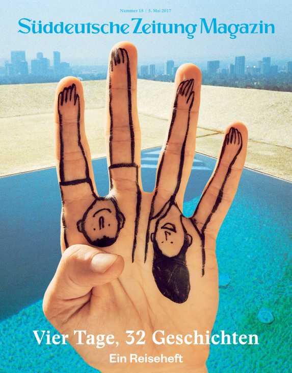 Süddeutsche Zeitung Magazin cover featuring a hand with drawn faces on fingers against a cityscape and pool background.