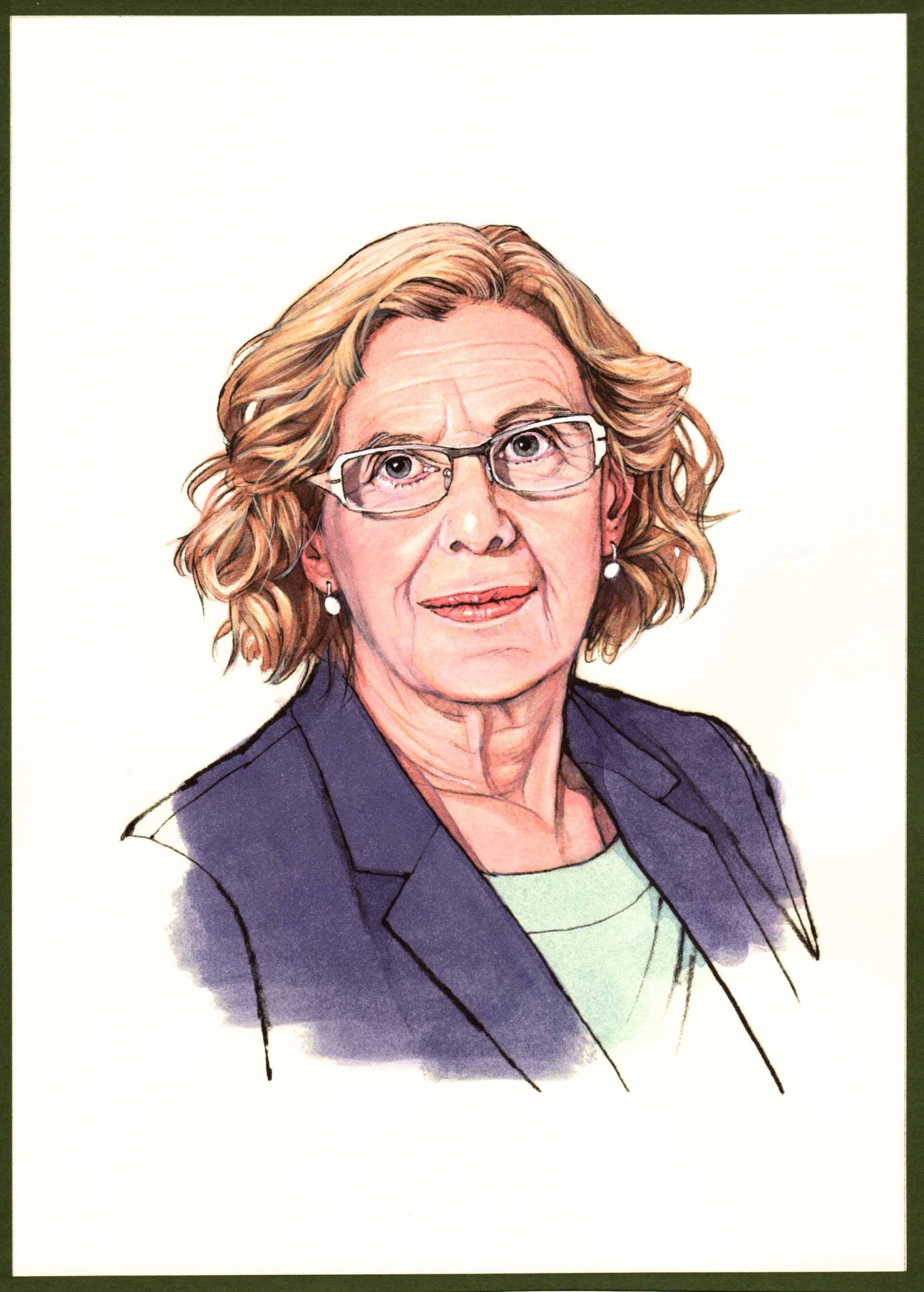 Portrait illustration of Manuela Carmena, mayor of Madrid, wearing glasses and a dark blazer over a light-colored top.