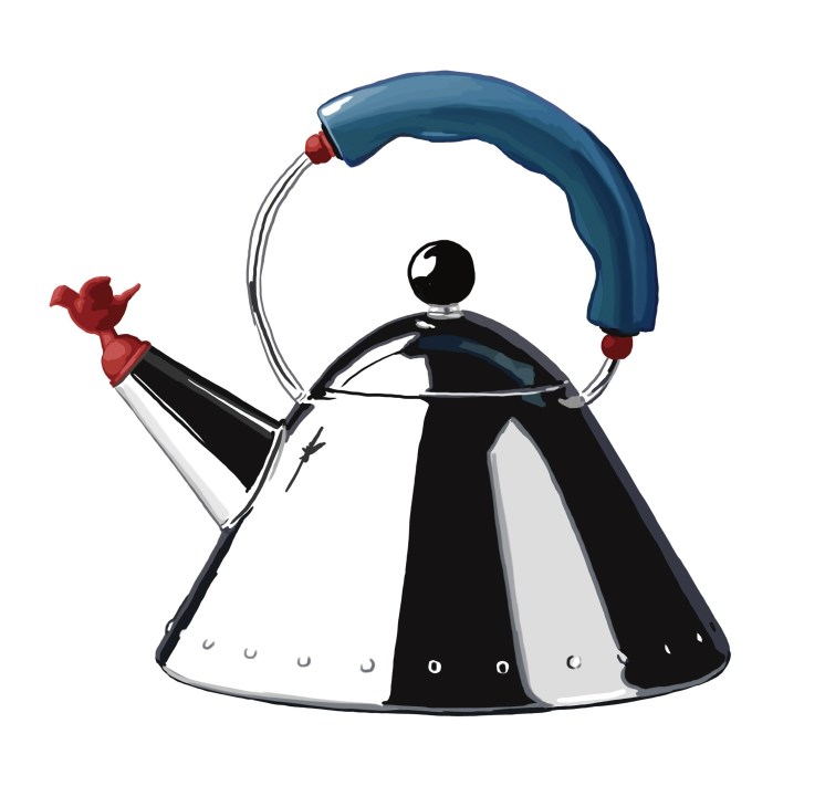 Illustration of Michael Graves' Alessi 9093 kettle with blue handle and red bird-shaped whistle