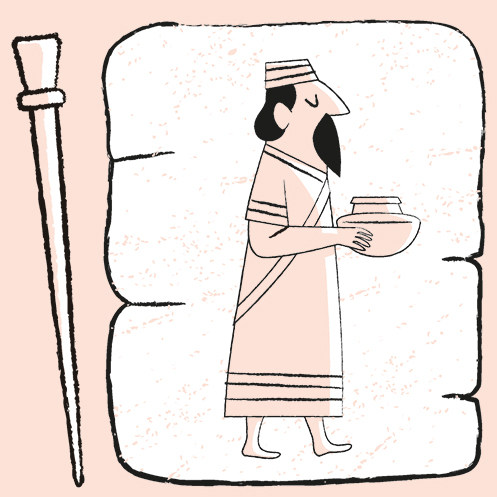 Line illustration of a figure in ancient Egyptian dress holding a vessel, representing historical entrepreneurship and trade.