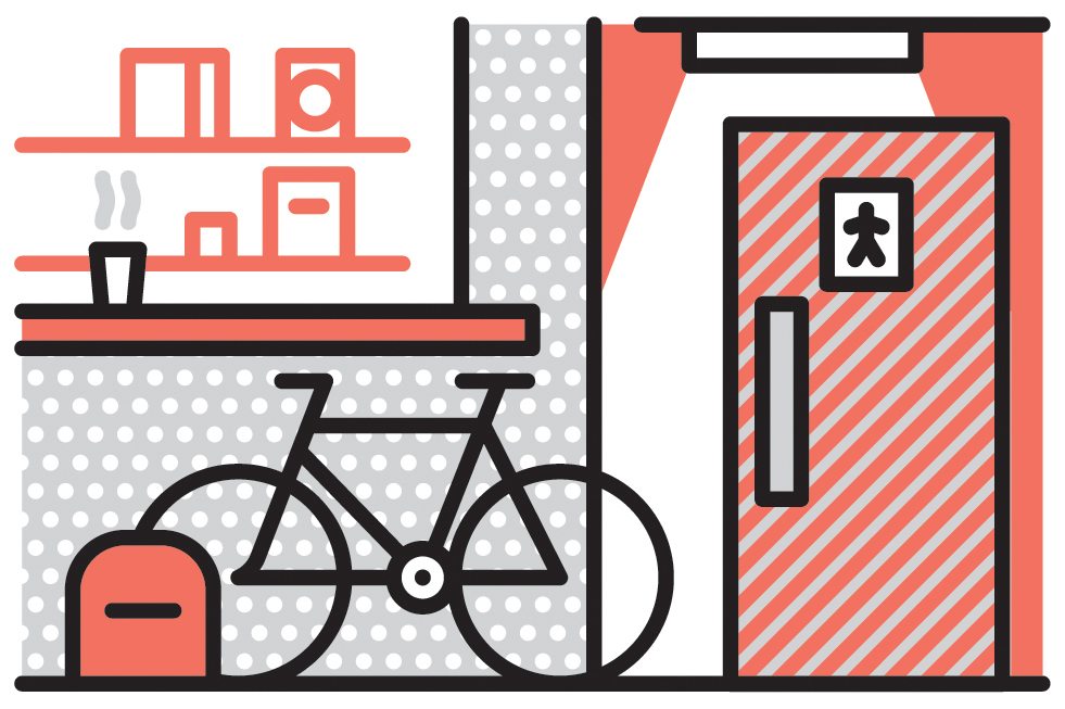 Illustration of an underground bicycle-parking garage with public toilets and benches in a multi-level urban space.