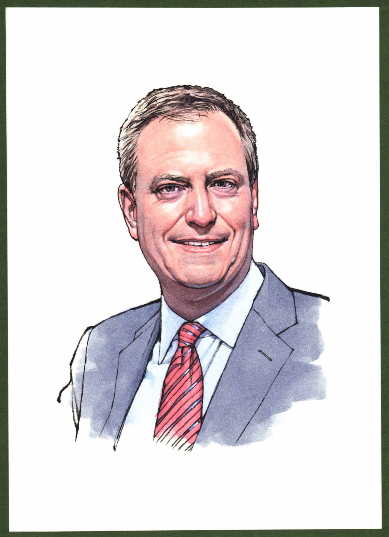 Illustration of Bill de Blasio, Mayor of New York, wearing a blue suit and red striped tie.