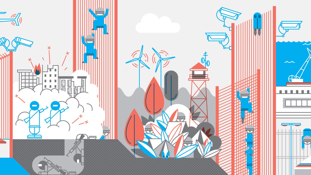 Illustration of a monitored smart city with surveillance cameras, wind turbines, border security infrastructure, watchtowers, and armed personnel.