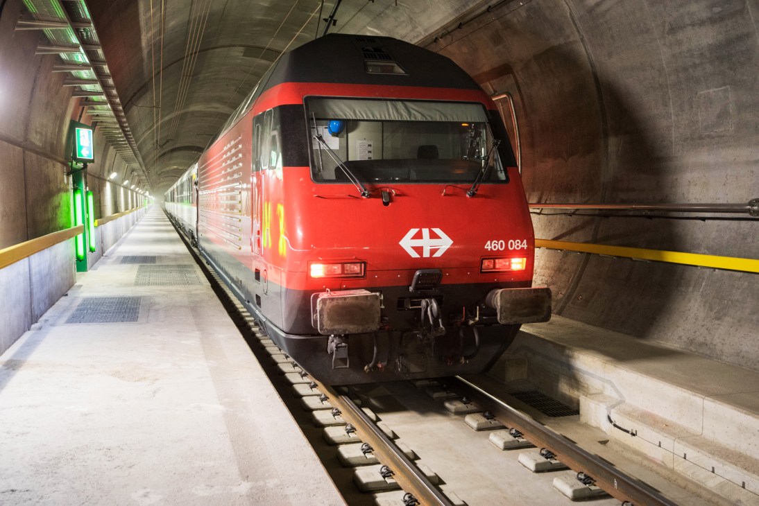 Red SBB train inside the Gotthard Base Tunnel in Switzerland.