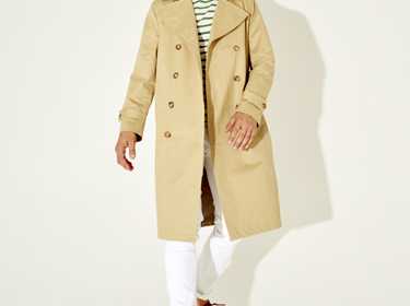 Man wearing a beige double-breasted trench coat, striped shirt, and brown shoes, representing Sunflower menswear.