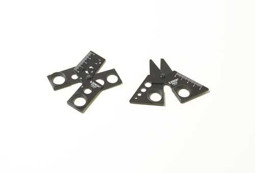 Two black Trisqule multifunctional scissors with geometric shapes and circular holes.