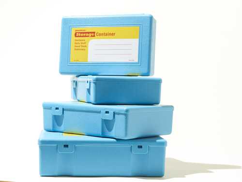 Stack of light blue plastic storage containers with yellow label on top