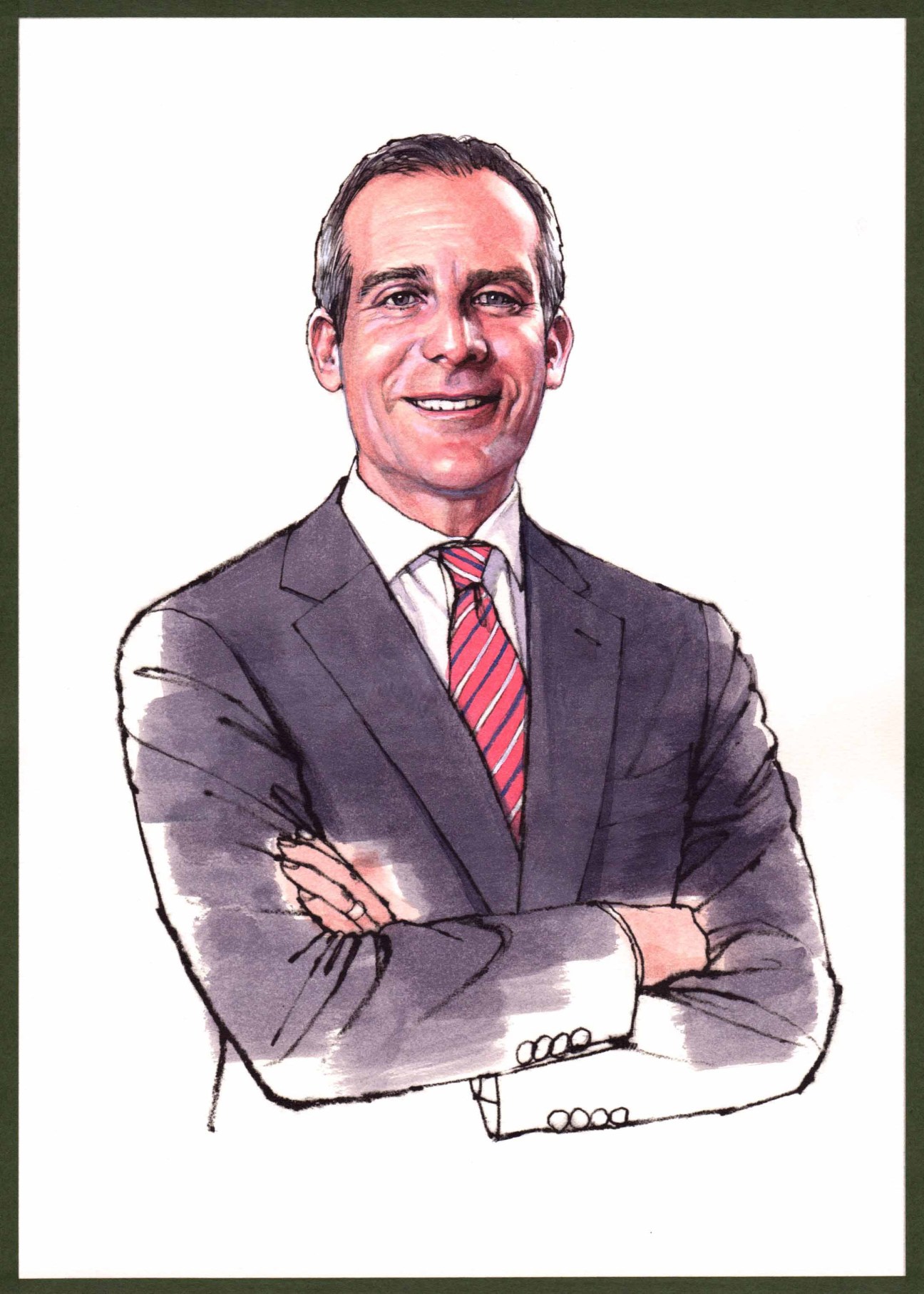 Portrait illustration of a man in a dark suit and red striped tie smiling with arms crossed.