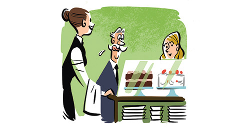 Illustrated scene of a hotel staff member presenting menu options to a guest in a dining setting.