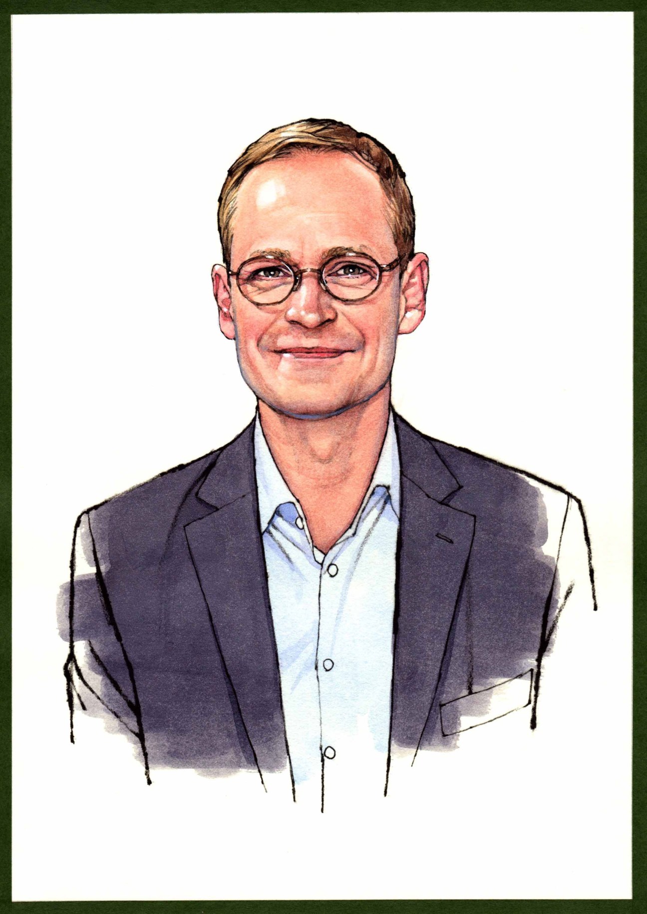 Portrait illustration of Michael Müller, mayor of Berlin, wearing glasses and a dark blazer over a light blue shirt.