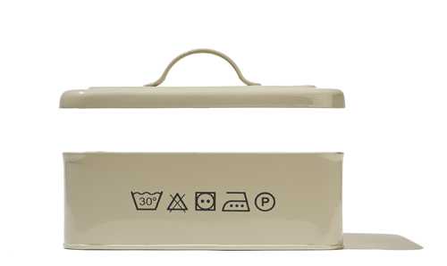 Garden Trading washing powder storage box with laundry care symbols printed on cream-colored metal container.