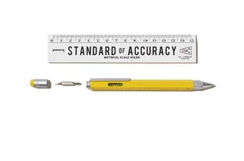 Troika construction tool pen with ruler and screwdriver attachments displayed against white background.