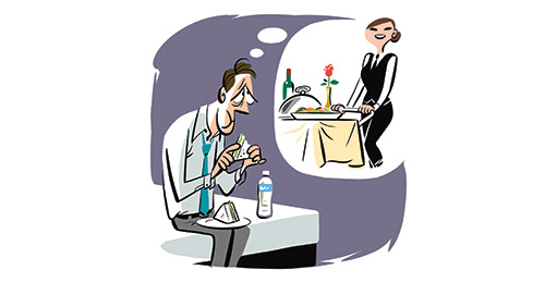 Illustration of a waiter serving a diner at a hotel restaurant table.
