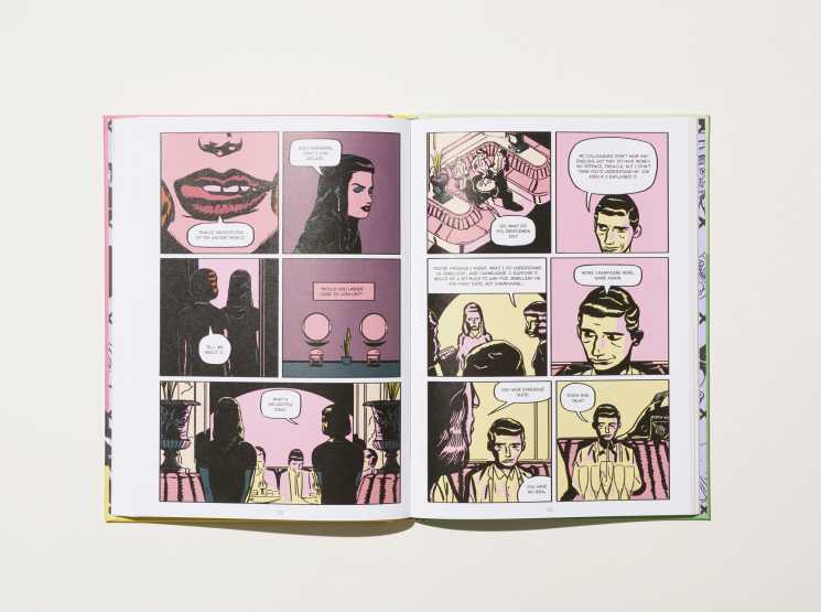 Open comic book pages with colorful illustrations showing characters in dialogue and narrative scenes