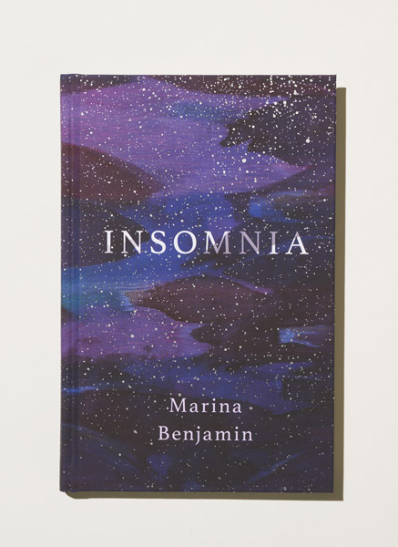 Book cover for Insomnia by Marina Benjamin featuring a starry night sky in purple and blue tones.