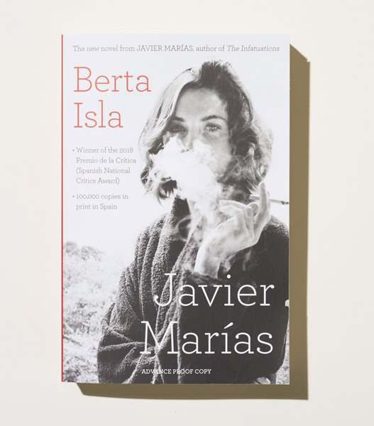 Book cover of 'Berta Isla' by Javier Marías featuring a black and white photograph of a woman's face.