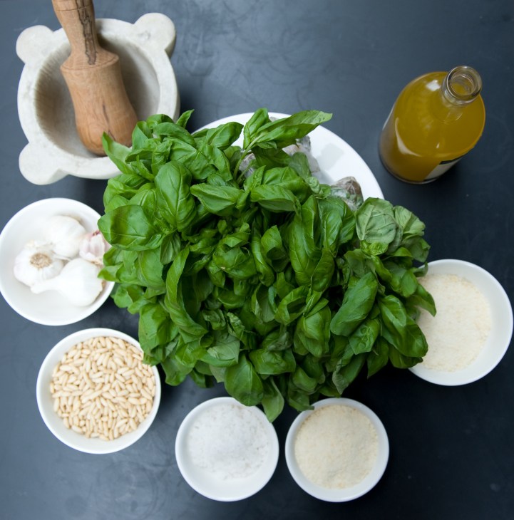 Fresh basil, pine nuts, garlic, cheese, salt and olive oil arranged around a marble mortar and wooden pestle for making traditional Genovese pesto.