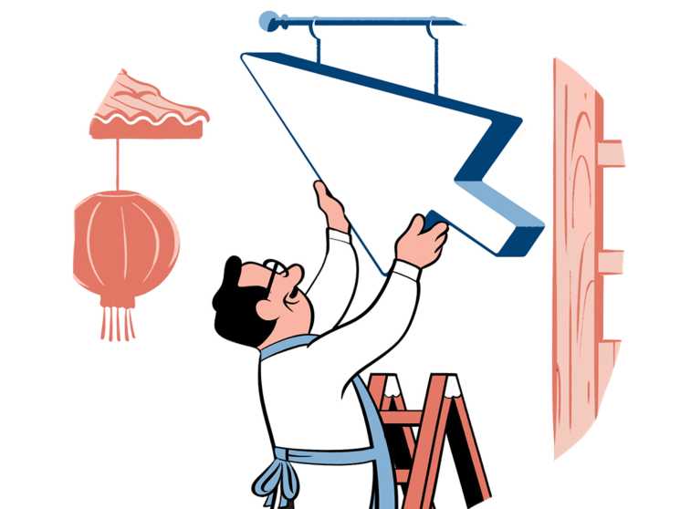 Illustration of a person on a ladder hanging a blue arrow sign in an urban storefront setting.