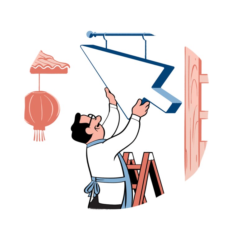Illustration of a person on a ladder hanging a blue arrow sign in an urban storefront setting.