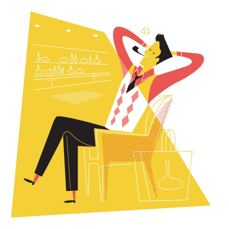 Illustration of a person relaxing in a yellow chair at a wine bar with bottles displayed on shelves behind them.