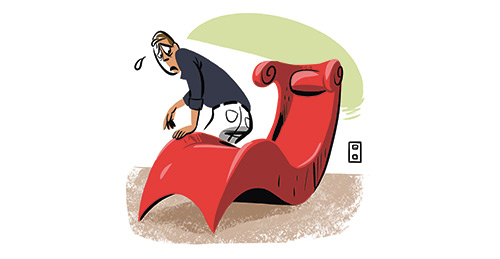 Illustration of a man sitting on a red curved chair at a fold-down table.