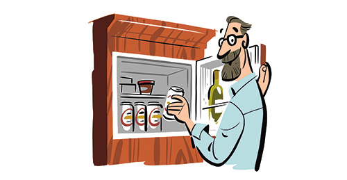 Illustration of a man opening a minibar stocked with drinks and snacks.