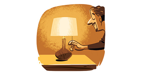 Illustration of a person adjusting a bedside lamp in warm tones.
