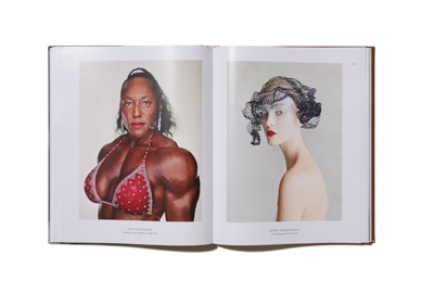 Open photography book displaying two portrait photographs side by side.