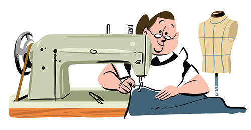 Illustration of a tailor sewing a garment at a sewing machine with a dress form displaying a fitted vest.