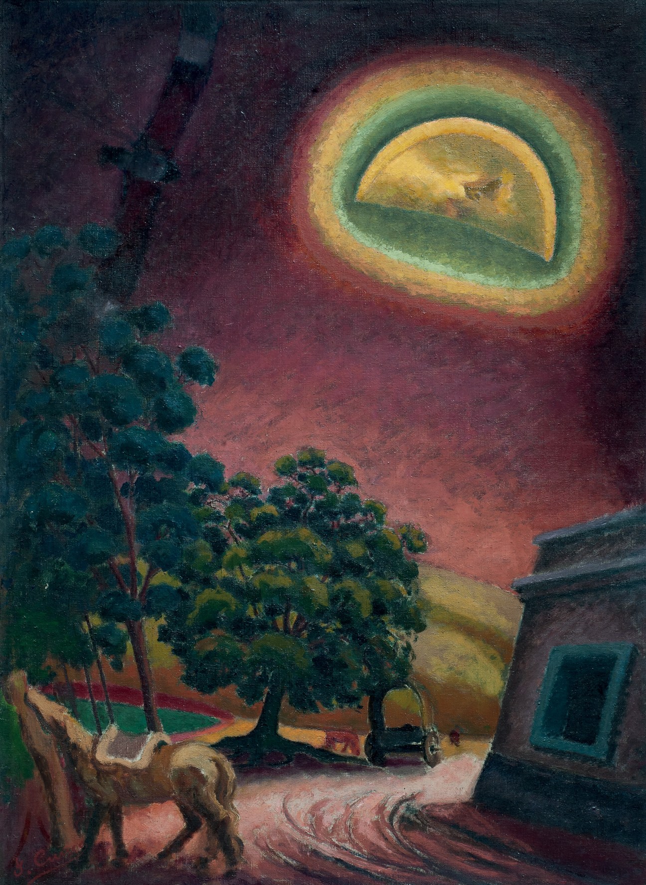 Oil painting titled 'Moon' by José Cúneo featuring a luminous moon over a landscape with trees and a building.