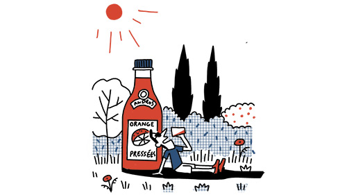 Illustration of Andros orange juice bottle with figure in French countryside scene