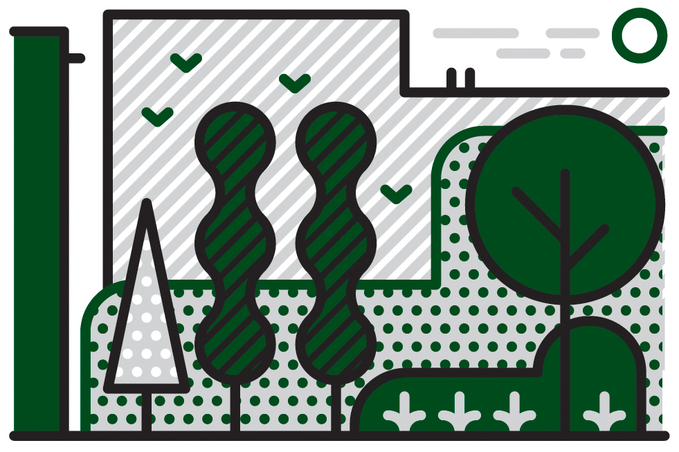 Illustration of a dense urban forest with twisted trees, greenery, and architectural elements in green and black.