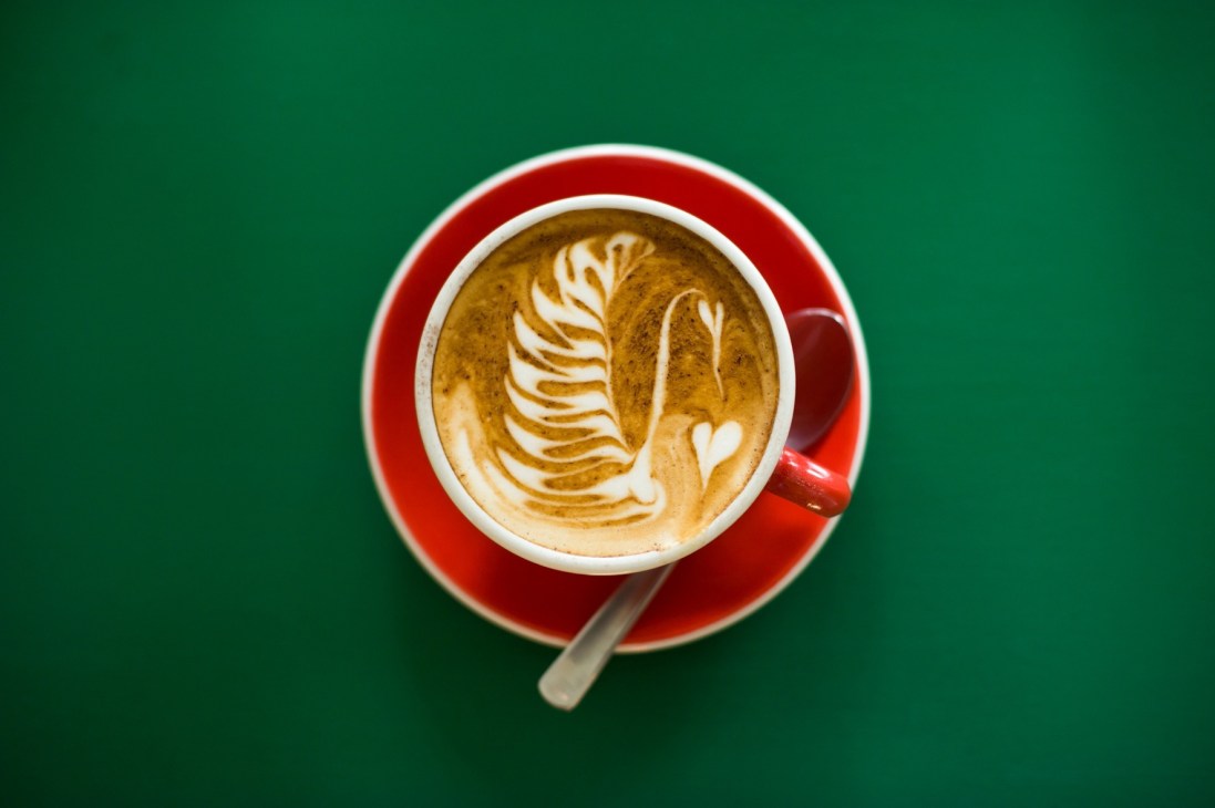 Red cup with latte art on a green background.